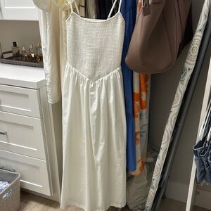 Abercrombie & Fitch White Midi Dipped-Waist Smocked Dress